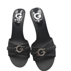 G by Guess Womens Black Slide Sandals Rhinestone Logo Braided High Heels Size 10